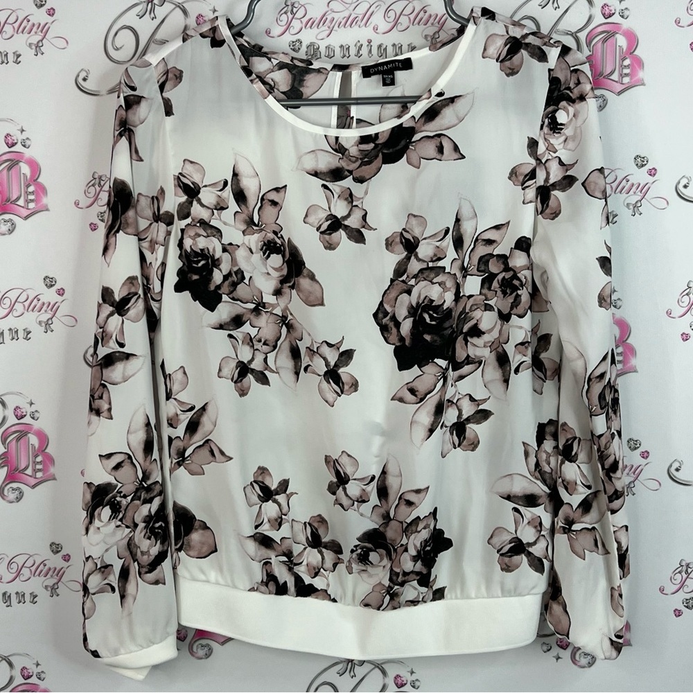 Dynamite top blouse long sleeve flowers roses floral Print Women's Top